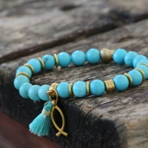 Howlite Gemstone Bracelet: Boho Beaded Charm, Gold Accents