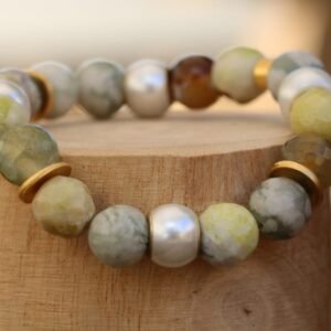 Agate Gemstone Bracelet: Gold & Pearl Pandora Beads, Handmade Jewelry