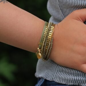 Green Crystal Wrap Bracelet: Gold Shell Charm Boho Jewelry