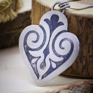 Oxidized Sterling Silver Heart Pendant Necklace: Engraved Boho Jewelry