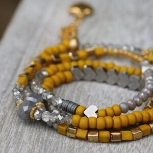 Yellow Beaded Wrap Bracelet: Handmade Layered Crystal & Porcelain