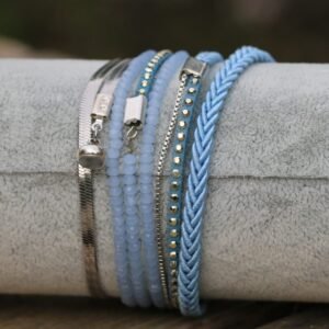 Blue Wrap Bracelet Set: Czech Crystal, Stainless Steel Chain, Suede Cord