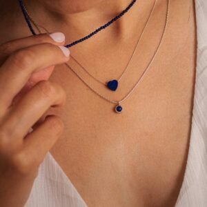 Sterling Silver Lapis Lazuli Layered Necklace: Beaded Heart Pendant