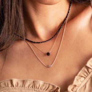 Black Onyx Layered Sterling Silver Necklace: Teardrop & Crown Pendants