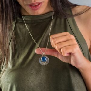 Kyanite Sterling Silver Pendant Necklace: Round Blue Stone, Lotus Design